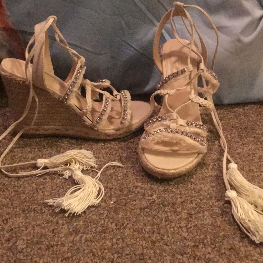 Beige bedazzled wrap around ankle wedges